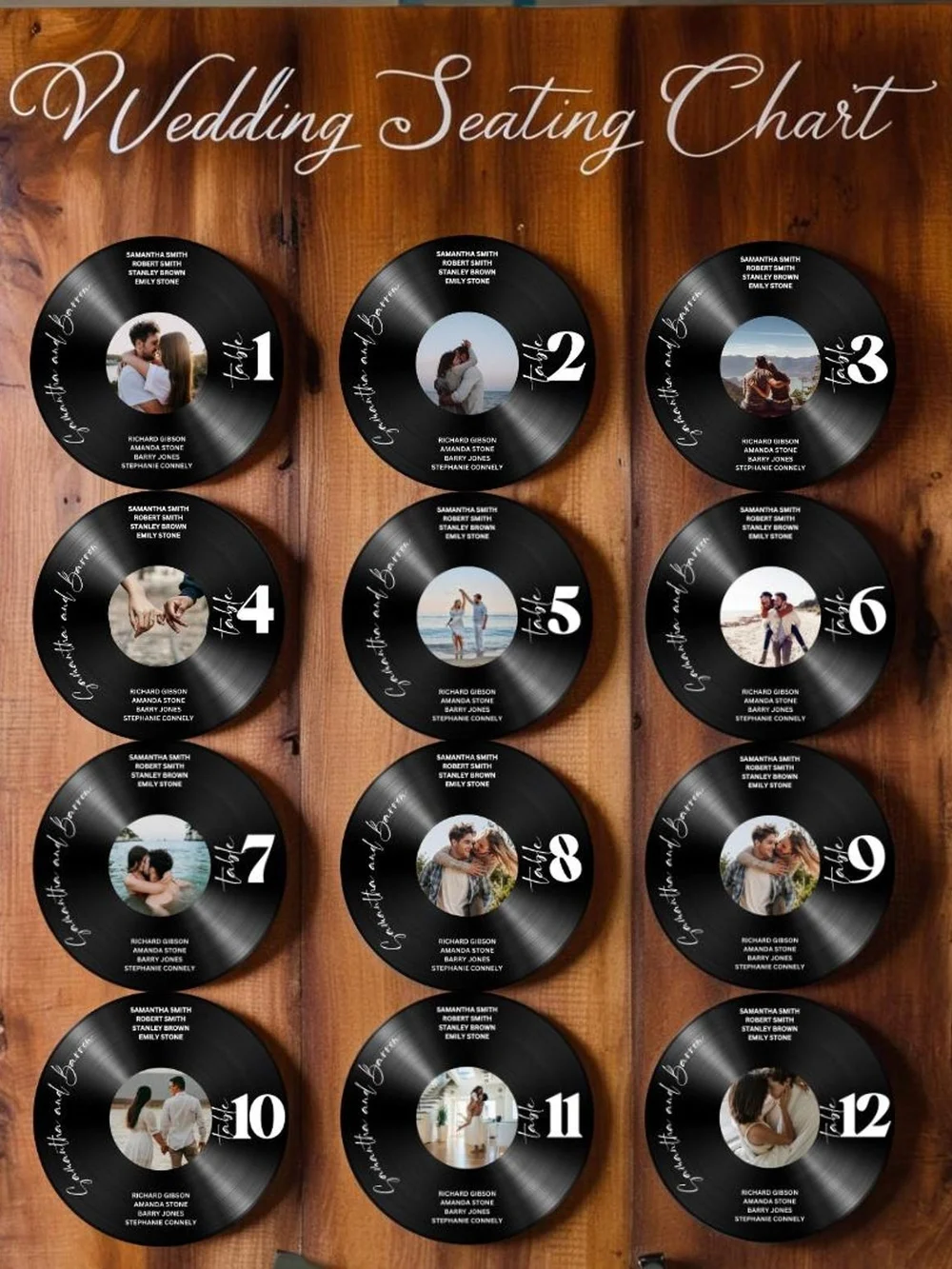 12 Personalized Vinyl Record Wedding Seating Chart Signs w/ Photo Music Decor